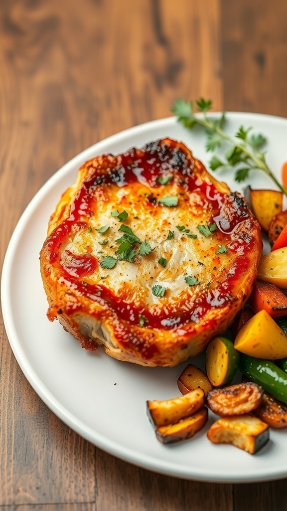 Air Fryer 1-Inch Pork Chops Recipe Air-fried pork chop on a white plate with roasted vegetables, garnished with herbs.